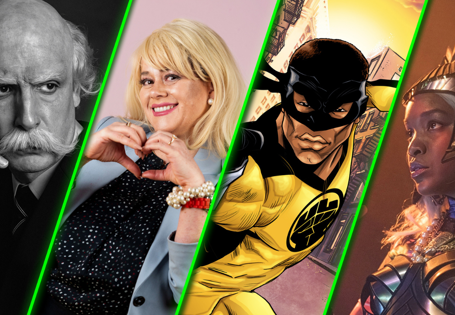 Fire portretter av fire ulike mennesker i varierte kostymer