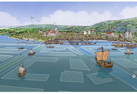 illustrasjon av fjord med seilbåter, havn, by og natur
