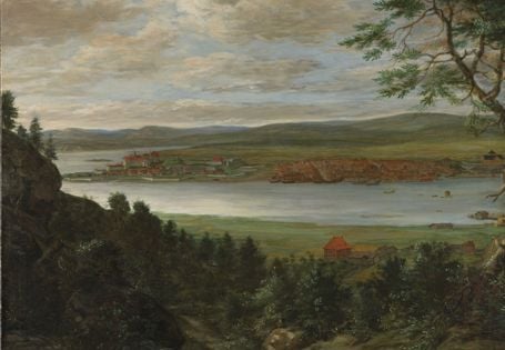 Utsikt over gamle Oslo. Skyer på himmelen. Maleri.