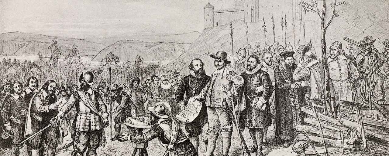 Illustrasjon av menn som står rundt kongen med byplan i hånden